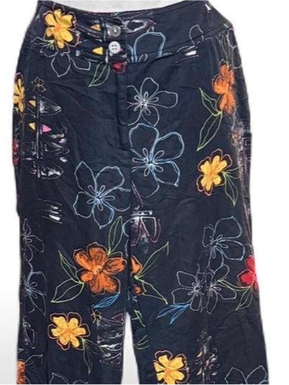 Vintage Chico's Black Tropical Floral Wide Leg Capris Pants Size 1 M